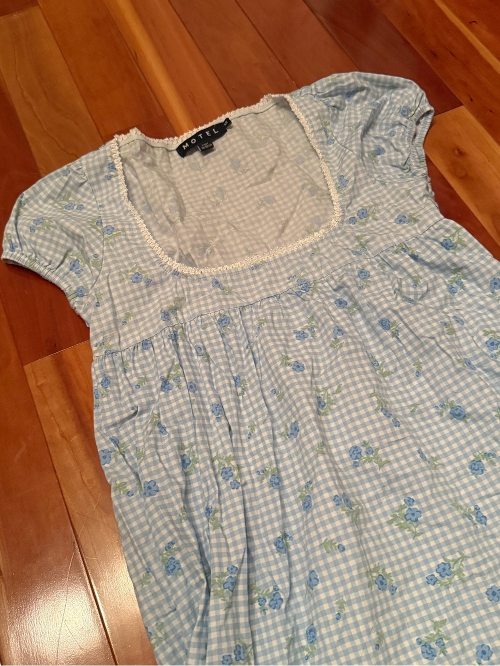Motel Rocks Light Blue Gingham Floral Puff-Sleeve Babydoll Dress - Picture 6 of 8